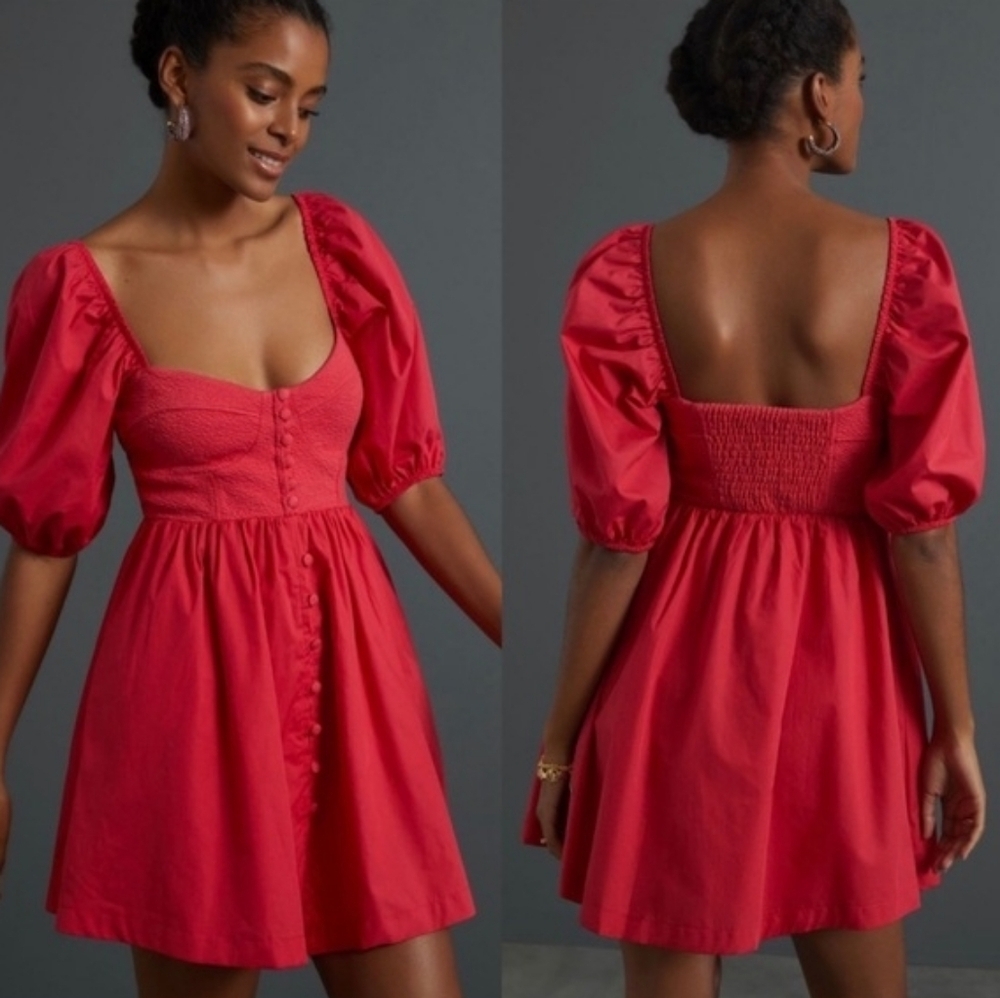 Anthropologie Maeve Women's Puff Sleeve Sweetheart Feminine Mini Dress Red Sz S - Picture 2 of 16